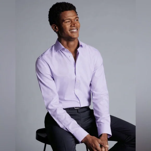 Charles Tyrwhitt Lilac Purple Spread Collar Non-Iron Henley Weave Slim Fit Shirt
